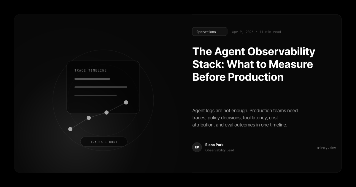 Layered observability dashboard for AI agents showing traces, policy checks, latency, and cost signals.